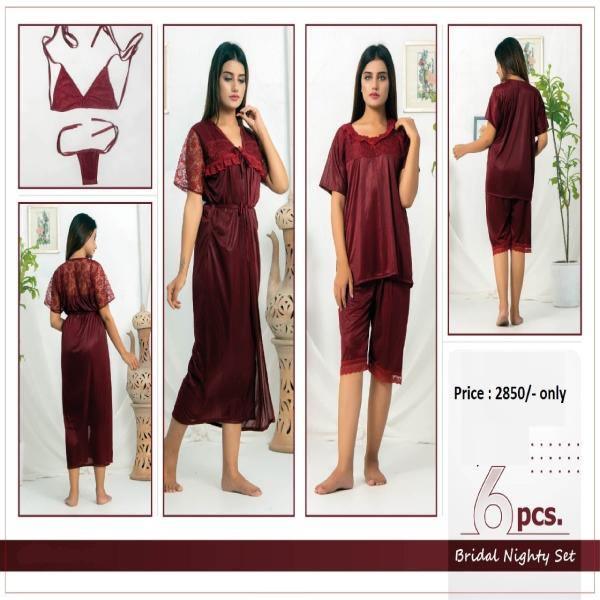 Romantic modern Night Suit for Honeymoon 6Pc Bridal Gown Nighty Set For Women