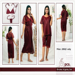 Romantic modern Night Suit for Honeymoon 6Pc Bridal Gown Nighty Set For Women