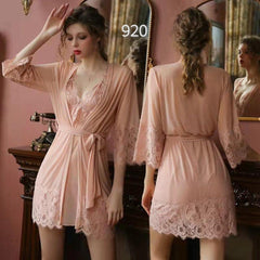 Short Nighty for Women 3Pc Beautiful Transparent Black Lace Luxury Nighty with G Stirng Panty Bridal Nighty