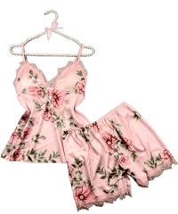 Silk Print Camisole Shorts Bow Set Sleepwear For Women