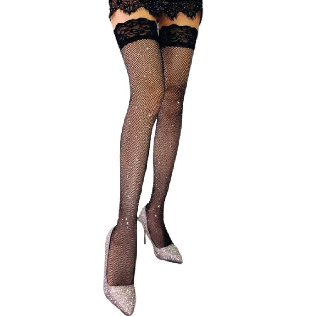 Women Fishnet Tights Sparkle Rhinestone Girls Fashion Pantyhole Tights High  Waist Stockings