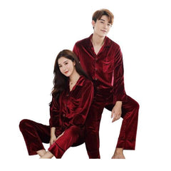 Winter Velvet Long Sleeved Shirt Pajama Set For Couples Fornt open Shirt With Trouser Sleepwear