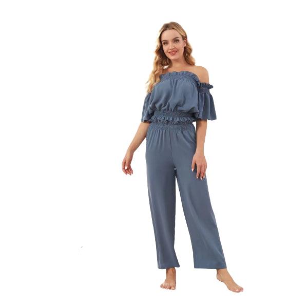 Women Crop Top Pajama Crop Top Ribbed Ruched Sleeveless Crop Top With Bell Bottom