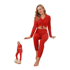 Women Crop Top Ribbed Ruched Long Sleeve Crop Top With Bottom