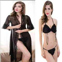 Women Nightwear Set Bra Panty Set Full Front Open Nighty for Women Transparent Black Nighty
