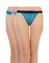 Women Sexy Floral Lace Panties Ultra Soft Lace Teal And Pink Thong (Pack of 3) V String Thongs