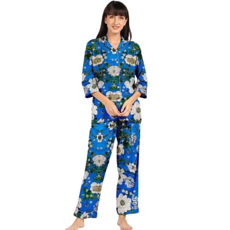 Blue Printed Silk Nighty | Best Online Night Dress