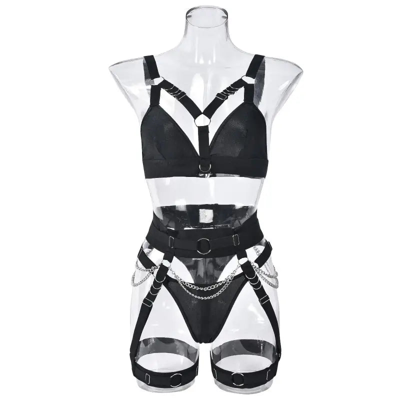 Bondage-Inspired Lingerie Set | Strappy Bra, Panty & Chain Details | Sexy Roleplay Outfit