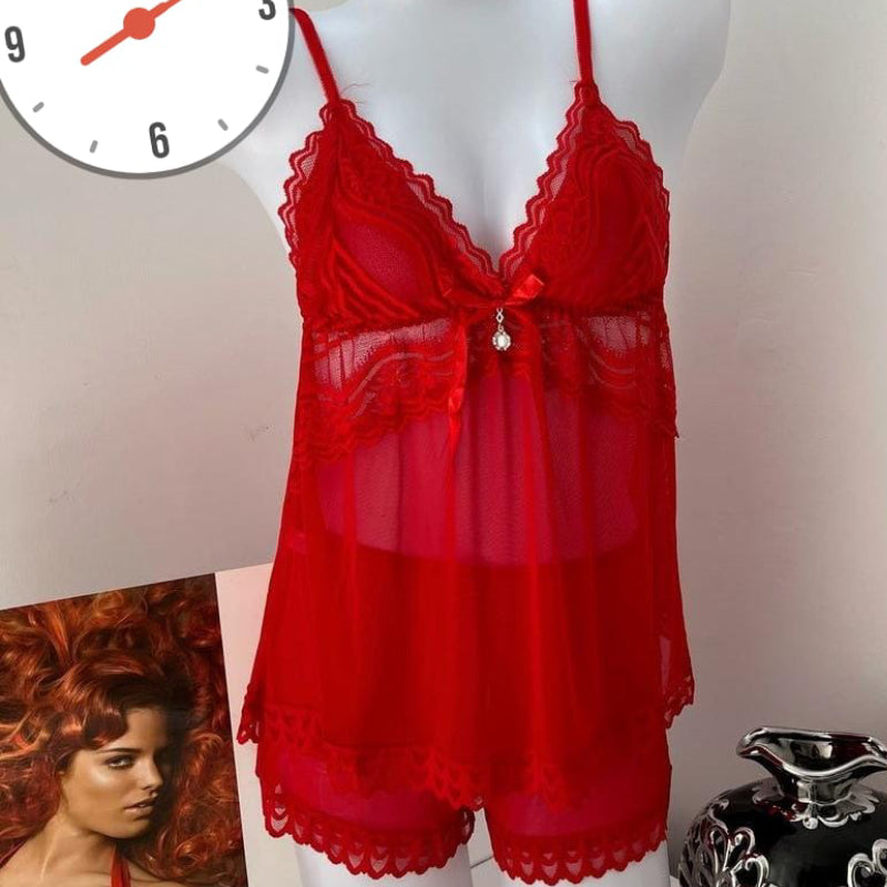Hot Sexy Transparent  lace Net Cami Short-2pc Red | Summer Satin Nightwear Pyjamas Sexy 2PCS
