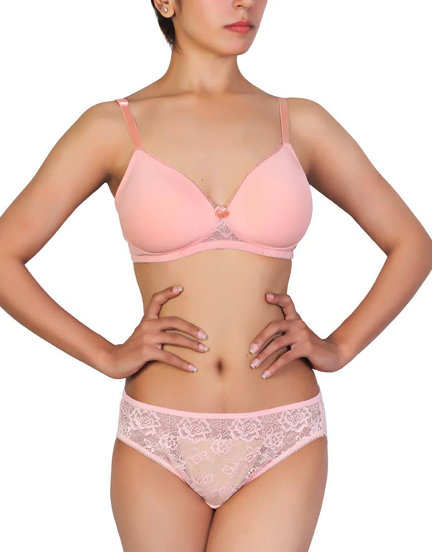 Latest Butterfly Bra With Lace Panty Set For Women-Peach Pearl