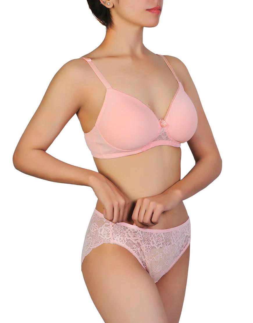 Latest Butterfly Bra With Lace Panty Set For Women-Peach Pearl