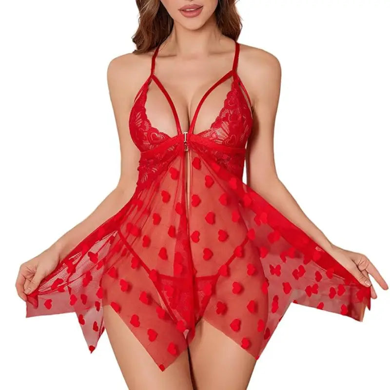 Red Heart Mesh Babydoll Lingerie Set | Romantic Sheer Lace Nightwear for Women