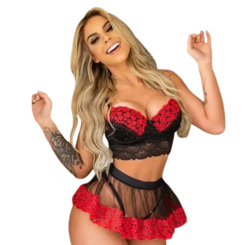 Red & Black Lace Mesh Lingerie Set | Sexy Babydoll Dress for Women