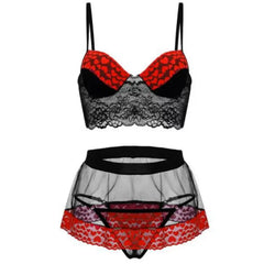 Red & Black Lace Mesh Lingerie Set | Sexy Babydoll Dress for Women