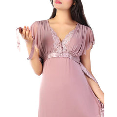 Shapewear 2 Pcs Neck Side Lace Long Nighty For Women-Beige