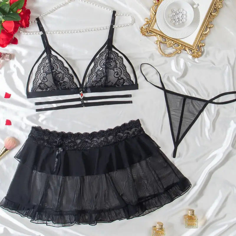 Sexy Black Lace Lingerie Set | Strappy Sheer Bra & Panty for Women