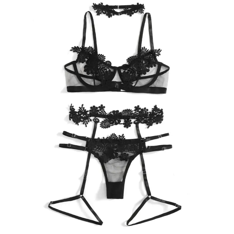 Sexy Choker Lingerie Set |Embroidered Push-Up Underwire Bra | Sheer Mesh Panty & Garter Belt