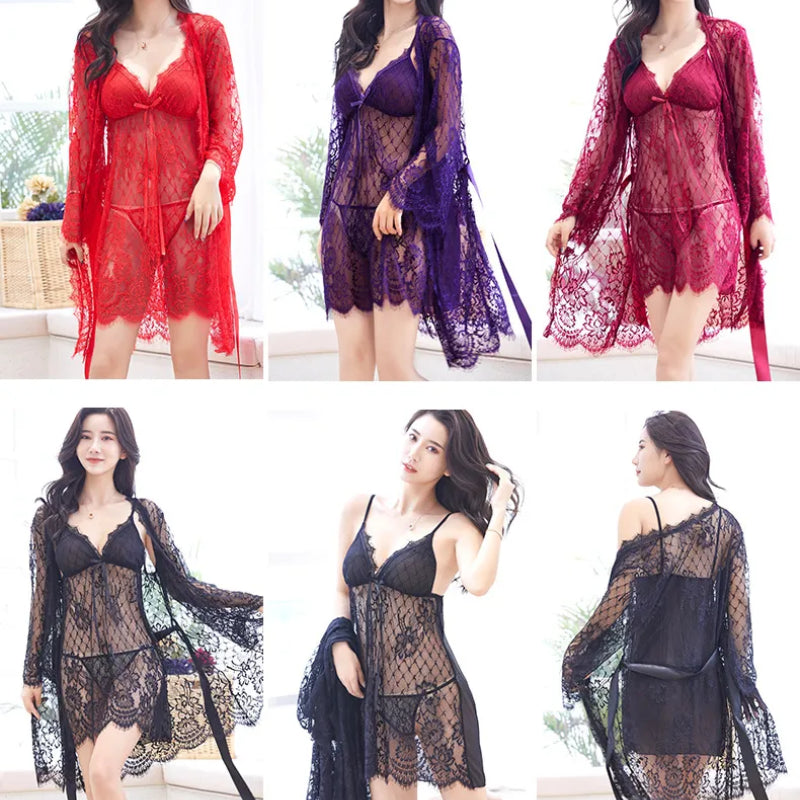 Sexy Lace Lingerie sheer robe for Women-3pc|Honeymoon Bridal Sexy ladies nighty
