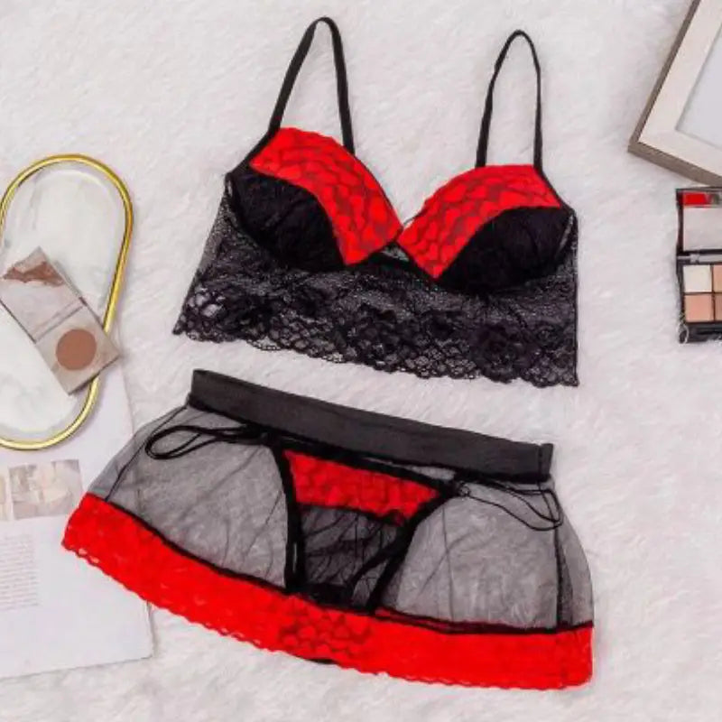 Red & Black Lace Mesh Lingerie Set | Sexy Babydoll Dress for Women