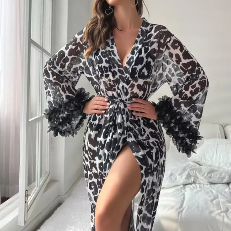 Woman's Leopard Robe Sheer Leopard Print Long Robe for Women | Elegant Lingerie Gown ...