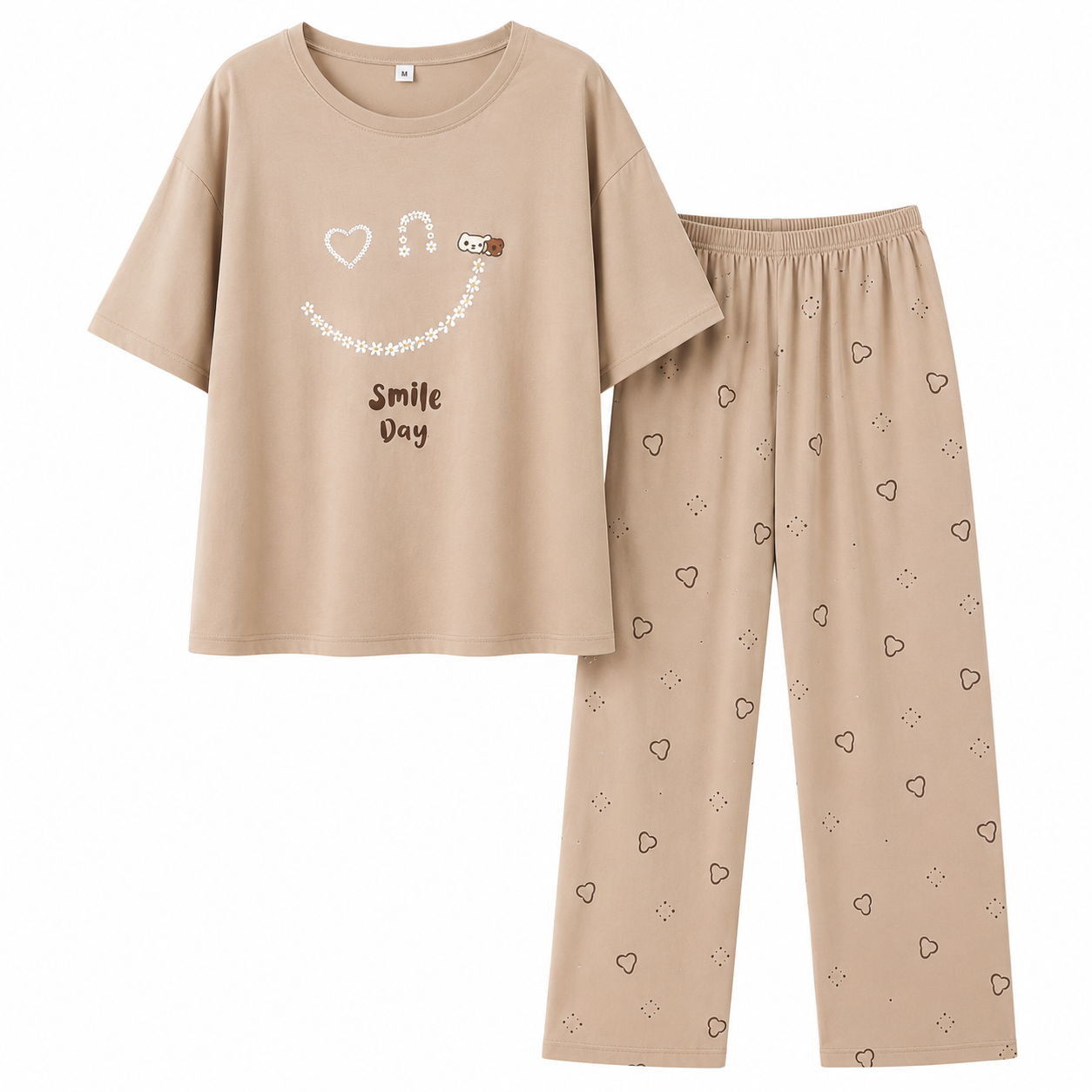 Women’s Smile Print Cotton Pajama Set – Soft Loose Fit Nightwear for Women