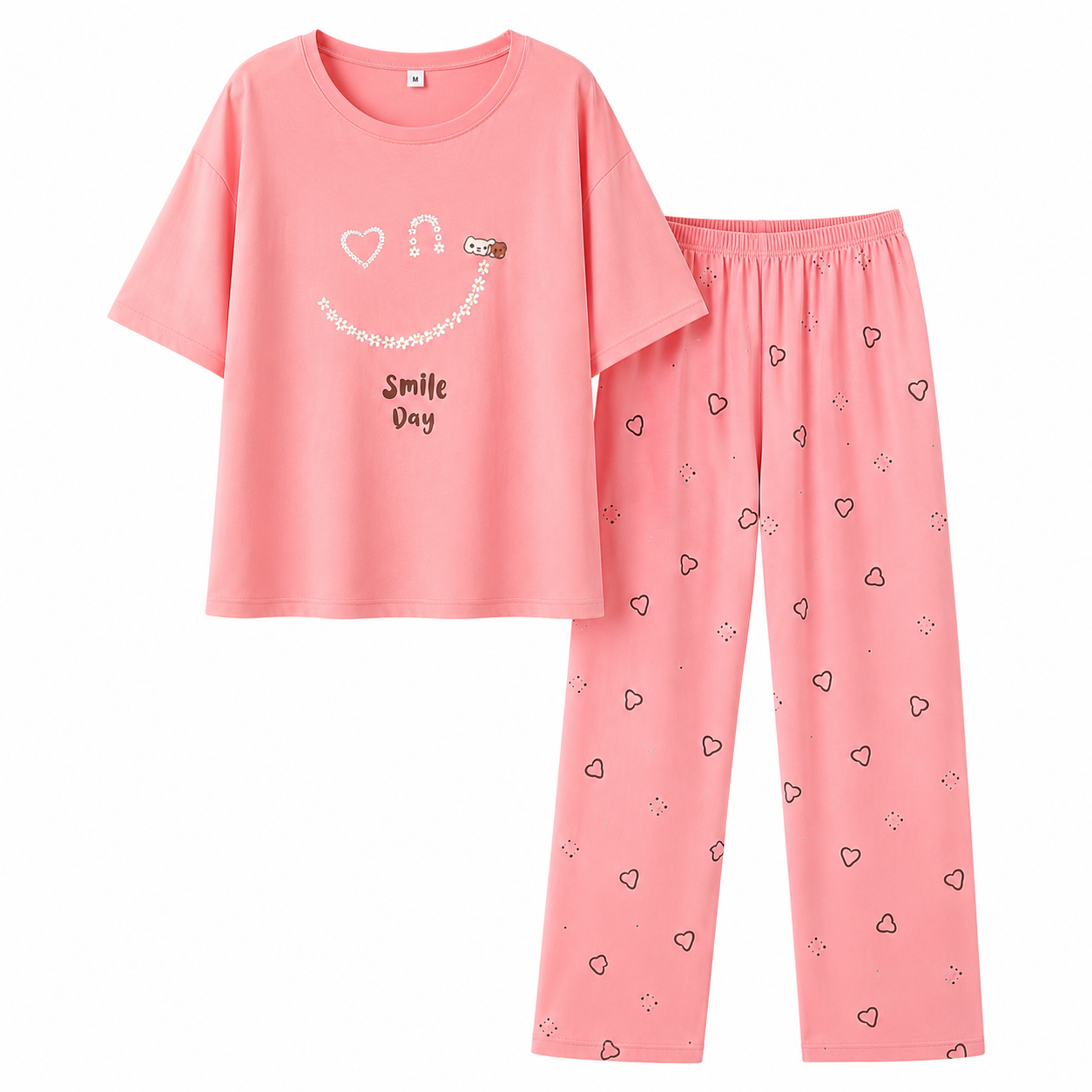 Women’s Smile Print Cotton Pajama Set – Soft Loose Fit Nightwear for Women