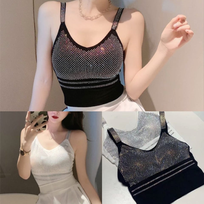 Sparkly Rhinestone Crop Top Black White Sophisticated Going Out Vest