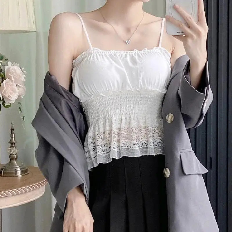 Women's Summer Smocked Crop Top with Ruffle Lace Trim Ladies Tank Top Lace Bra