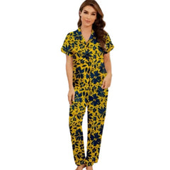 Women's Floral Printed Stone Linen Night Suit | Short Sleeve Button-Up Pajama Set