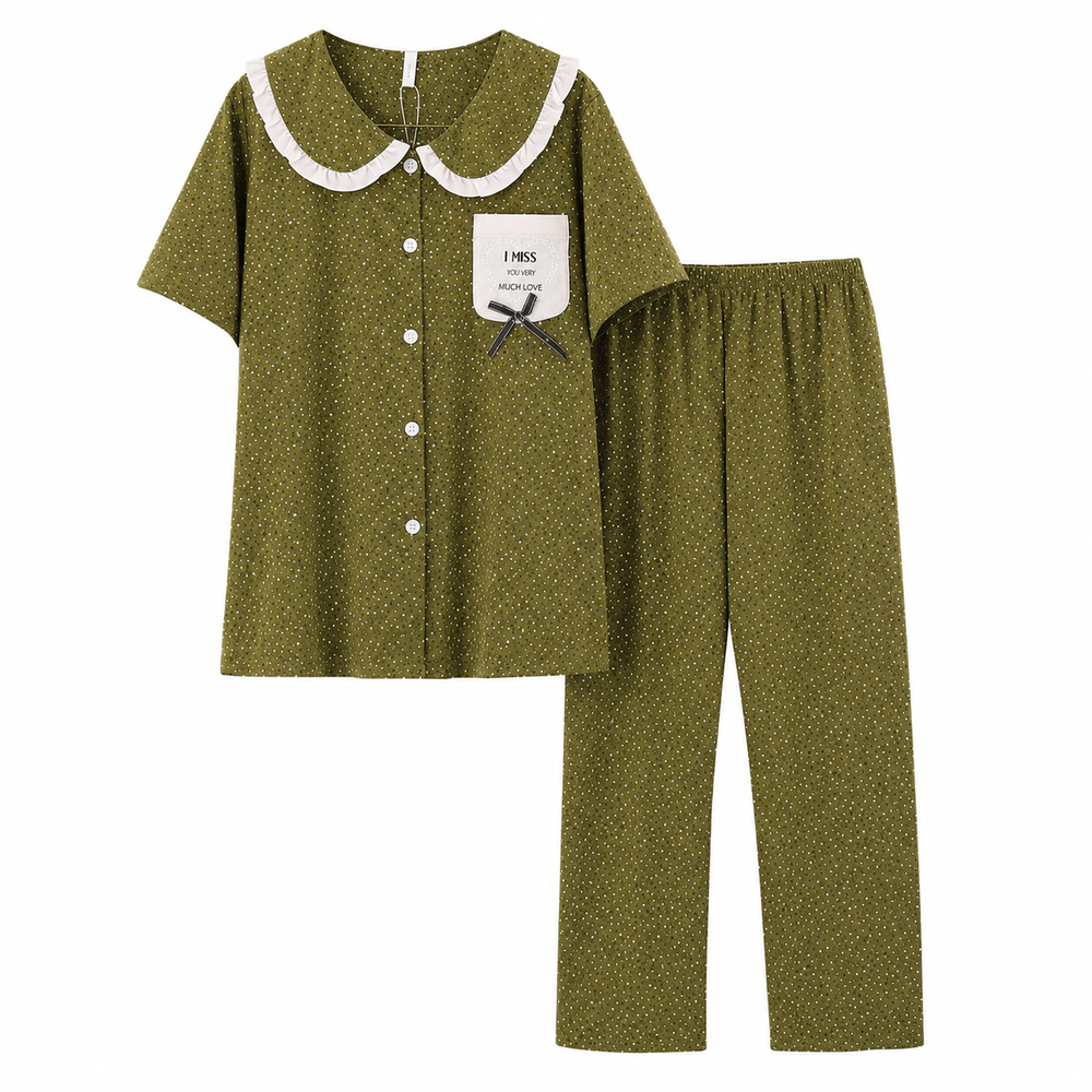 Women’s soft polka dot pajama set with Peter Pan collar and matching trousers