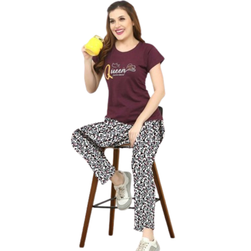 Women's Printed Premium Cotton Tshirt Pyjama Set Night Suit |Branded Shirt Pajama set