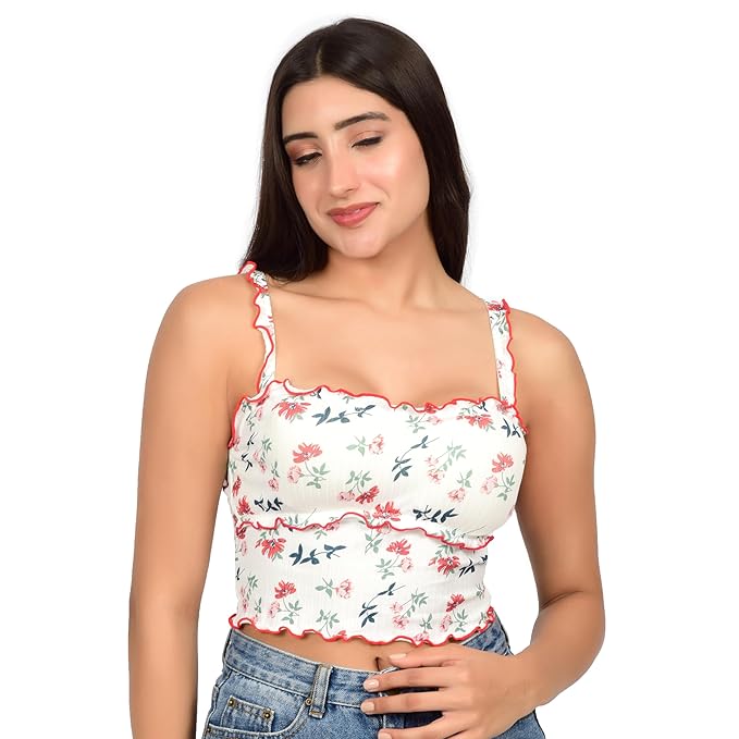 Women's Stylsih Floral Printed Padded Wireless Cami Top for Girls & Womens I Casual Sleeveless Longline Full Coverage Cami Top - White