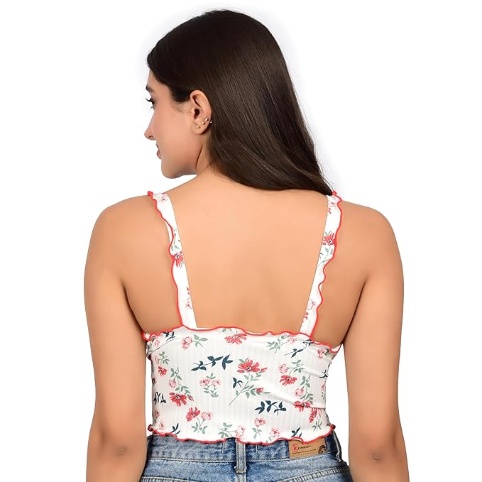 Women's Stylsih Floral Printed Padded Wireless Cami Top for Girls & Womens I Casual Sleeveless Longline Full Coverage Cami Top - White