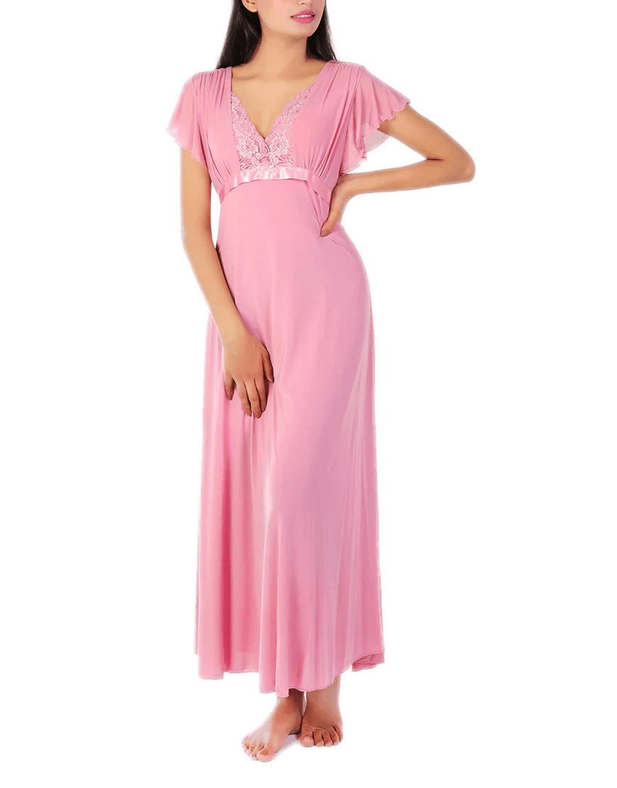 Women's 2 Piece Lace Neck Long Nighty -Baby Pink