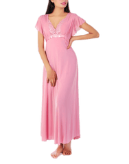 Women's 2 Piece Lace Neck Long Nighty -Baby Pink