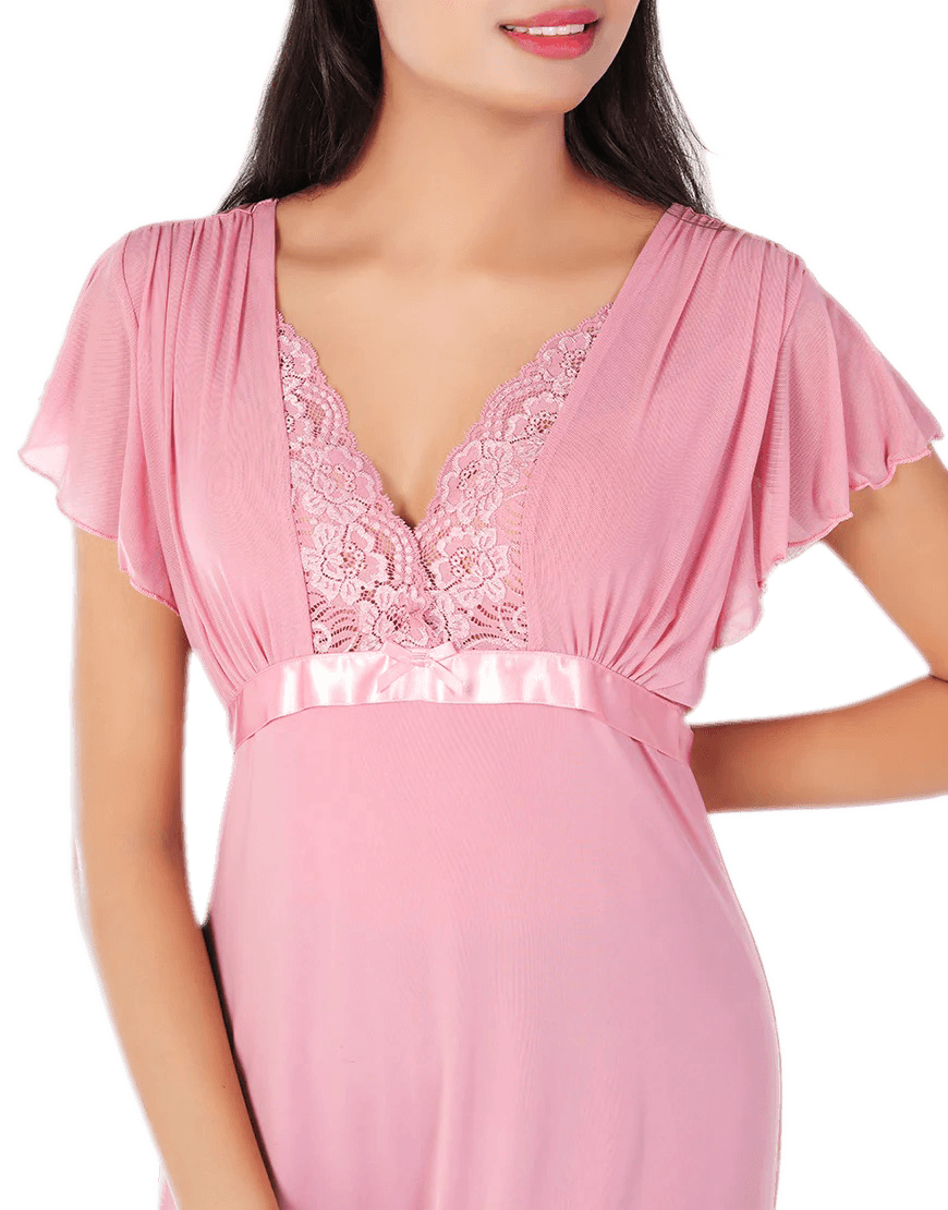 Women's 2 Piece Lace Neck Long Nighty -Baby Pink