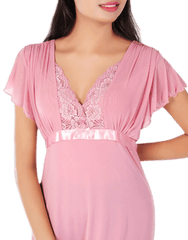 Women's 2 Piece Lace Neck Long Nighty -Baby Pink