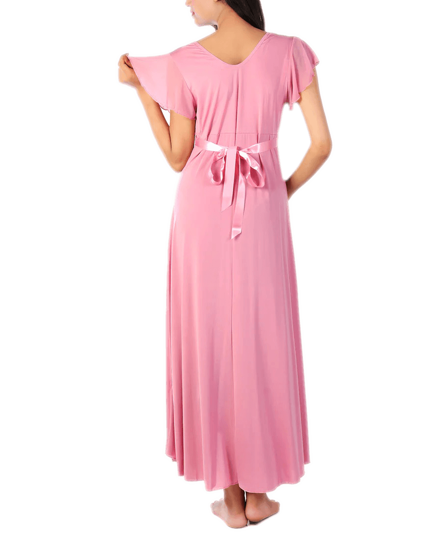 Women's 2 Piece Lace Neck Long Nighty -Baby Pink