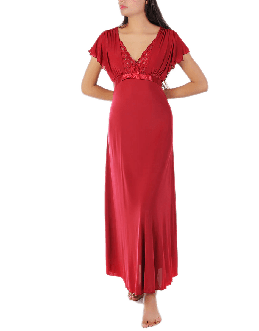 Women's 2 Piece Lacy Neck Long Nighty -Maroon