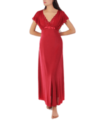 Women's 2 Piece Lacy Neck Long Nighty -Maroon