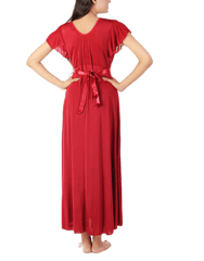 Women's 2 Piece Lacy Neck Long Nighty -Maroon