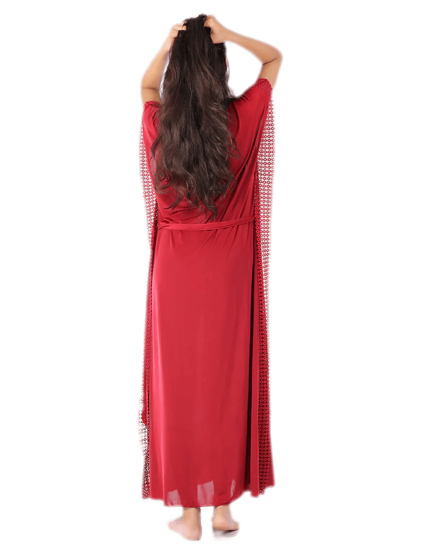 Women's 2 Piece Round Neck Side Lace Long Nighty -Maroon