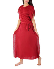 Women's 2 Piece Round Neck Side Lace Long Nighty -Maroon