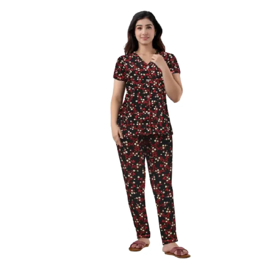 Women's Floral Cotton Night Suit Set | Black & Red Printed Sleepwear with Short Sleeves