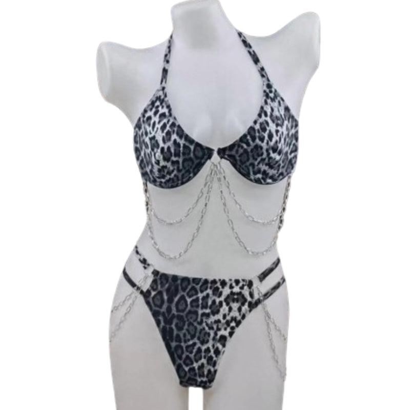 Women's lingerie set, super soft, tiger, two pieces, with a chain at the chest and waist