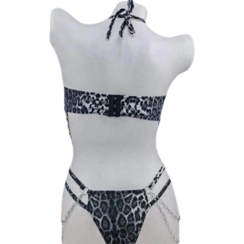 Women's lingerie set, super soft, tiger, two pieces, with a chain at the chest and waist