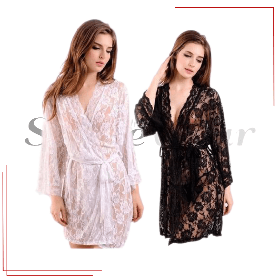 Womens Sexy Nighty Sexy Transparent lace Robe Nighty with G String Panty Black Sexy Nighty