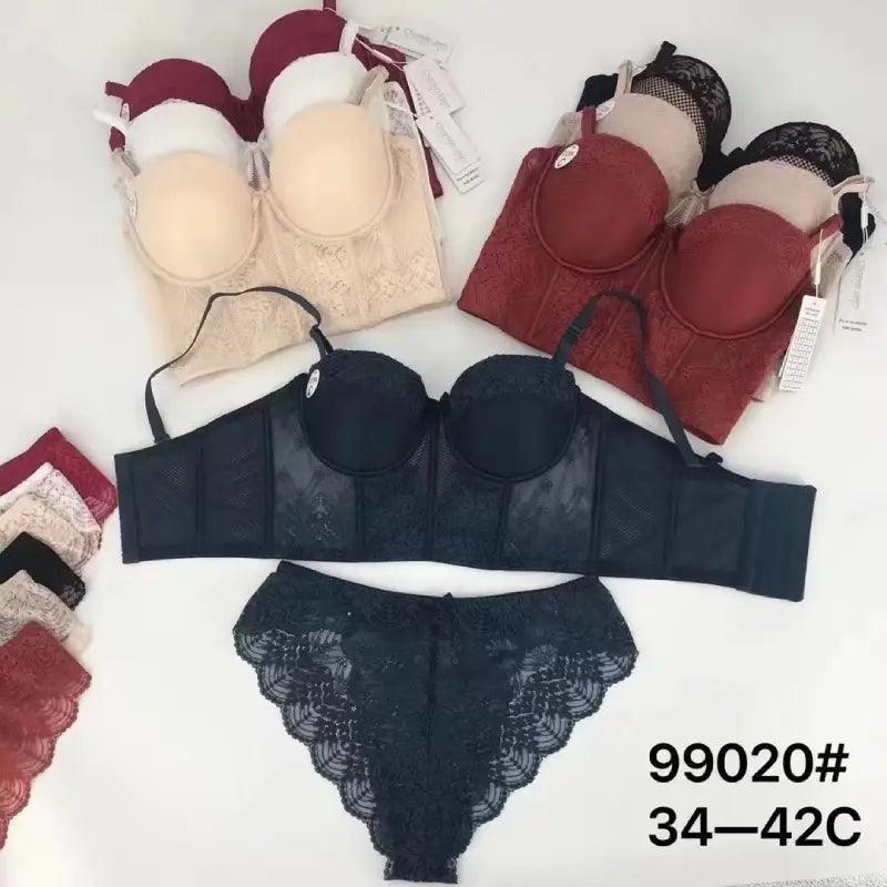Promotion Clearance Lace No Steel Ring Small Chest Gathered Adjustment Lace  Bow Bra + Briefs Set white 80 