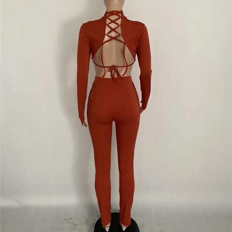 Fashion Women Two Piece Set Backless Cross Bangdage Crop Top + Long Pants Tracksuit Jogging Femme Outfits Winter Sportwear