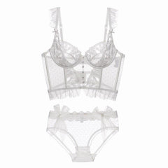 Gathering Beauty Back Sheer Embroidered Lace Bra Ladies Panty Set